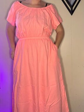 100% Cotton Universal Threads Women’s Coral Pink Short-Sleeve Midi Dress Open